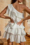 One Shoulder Sleeveless Layered Ruffle Mini Dresses-White Pre Order