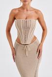 Hollow Out Knit Strapless Crop Top Bodycon Maxi Skirt Matching Set-Khaki