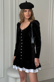 Long Sleeve U Neck Button Up Layered Trim A-Line Velvet Mini Dresses-Black