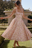 Sleeveless Halter Floral Print Corset A-Line Garden Party Midi Dresses-Pink