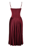 Irregular Neck Corset A-Line Pleated Hem Satin Slip Midi Dresses-Burgundy