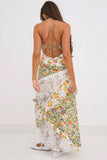 Ditsy Floral Print Deep V Neck Lace Patchwork Backless Slip Maxi Dresses-Green