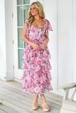 Floral Print Tie Up Cami Tiered Ruffled Hem Midi Dresses-Pink