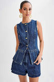 Button Up Slit Tank Top High Waist Shorts Denim Matching Set-Blue