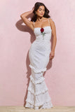 Ruffle Floral Embroidery Hollow Fishtail Maxi Slip Dresses-White