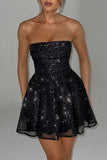 Boat Neck Strapless A-Line Back Bow Sparkling Mini Dresses-Gold