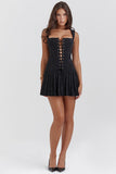 Lace-Up Corset Sleeveless Pleated Jacquard Mini Dress-Black