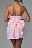 Jacquard Boat Neck A-Line Puffy Hem Back Bow Cocktail Party Mini Dresses-Pink