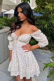 Off Shoulder Frill Trim Floral Tied Up Layered Mini Dresses-White