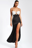 Colorblock Bow High Slit Satin Slip Maxi Dresses-Black