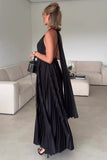 Sleeveless Pleated Halter Backless Loose Fit A-Line Slit Cocktail Party Maxi Dresses