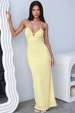 Plunge Neck Spaghetti Strap Slim Fit Jacquard Maxi Dresses-Yellow