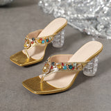 Metallic Sheen Multicolor Rhinestones Decor Flip Flops Sandal Heels