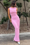 Round Neck Knit Sleeveless Twisted Slim Fit Vacation Maxi Dresses-Pink