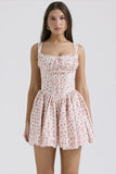 Ditsy Floral Print Sleeveless Wide Strap Corset A-Line Mini Dresses-Pink