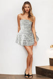 Newspaper Print A-Line Back Lace Up Ribbon Tiered Hem Mini Tube Dresses-Grey