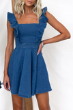 Ruffled Straps A-Line Denim Mini Dresses-Blue