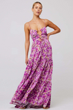 Floral Print Front Tie Up Spaghetti Strap Flowy Maxi Dresses-Orange