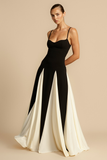 Colorblock Patchwork A-Line Flowy Slip Maxi Dresses-Black