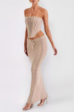 Hollow Out Knit Strapless Crop Top Bodycon Maxi Skirt Matching Set-Khaki