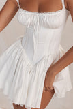 A-line White Boat Neck Tied Up Cami Backless Lace Up Pleated Embroidery Hem Mini Dresses