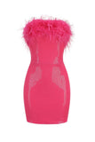 Sequin Strapless Feather Trim Bodycon Mini Party Dresses