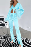 Feather Long Flare Sleeve Tied Up Crop Top 2pcs Pants Set