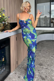 Abstract Floral Print Tie Up Slim Fit Ruffled Maxi Slip Dresses-Blue