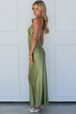 Halter Rosette Decor Open Back Slim Fit Satin Maxi Dresses-Green