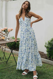 V Neck Halter Floral Print Ruffle Hem Vacation Maxi Dress