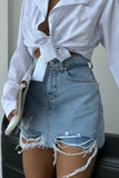 Ripped Frayed High Waist Pocket Casual Denim Shorts-Blue