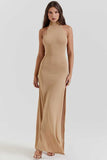 Stand Collar Backless High Slit Party Maxi Dresses-Khaki