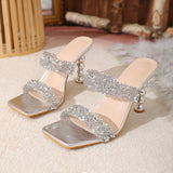 Rhinestone Embellished Square Toe Double Straps Slides Stacked Stiletto Heels