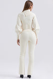 Irregular Folded Stand Collar Lantern Sleeve Sweater Plain Pants Matching Set-Beige