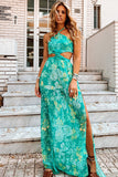 Halter Twisted Cutout Floral Print High Slit Maxi Dresses-Green Pre Order