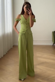 Ruched Dropped Shoulder V Neck Waistcoat Wide Leg Pants Matching Set-Green