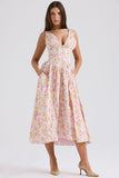 Sleeveless V Neck Cinch Waist Floral Print Midi Dresses-Pink