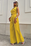 Plain Turndown Collar Waistcoat Wide Leg Pants Matching Set-Yellow