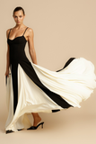 Colorblock Patchwork A-Line Flowy Slip Maxi Dresses-Black