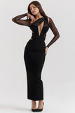 Irregular Cutout Long Sleeve Slim Fit Mesh Maxi Dresses-Black