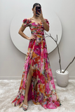 Floral Print Off Shoulder Ruched Slit Maxi Dresses-Fuchsia