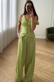 Ruched Dropped Shoulder V Neck Waistcoat Wide Leg Pants Matching Set-Green