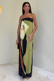 Floral Print Boat Neck Maxi Tube Dresses-Green