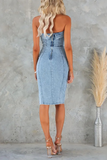 Denim Boat Neckline Bodycon Slit Midi Tube Dresses-Blue