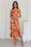 Vacation Cami Boat Neck Floral Print Slit Satin Vacation Midi Dress