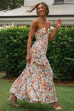 V Neck Halter Floral Print Ruffle Hem Vacation Maxi Dress