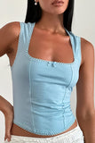 Square Neck Ribbon Quilted Curved Hem Casual Plain Sleeveless Top-Blue