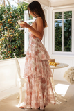 Floral Print Deep V Neck Backless Tiered Ruffled Flowy Hem Maxi Dresses-Beige