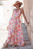 V Neck Backless Quilted Floral Print Vacation Maxi Slip Dresses