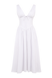 Deep V Neck Cinch Waist Solid Color Midi Tank Dresses-White